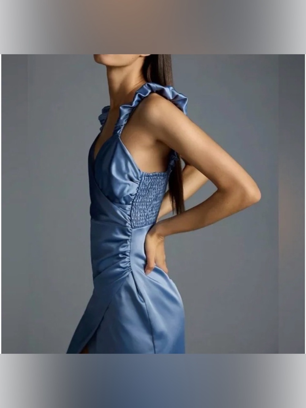 Anthropologie Ruched Sweetheart Dress Slate Blue NEW Midi Wrap Slit Sleeveless - Picture 4 of 5